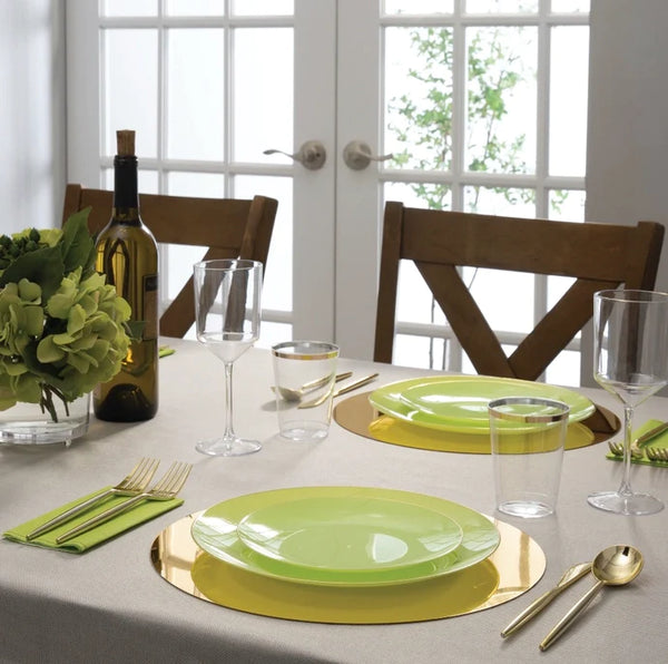 Lime Green & Gold Elegant Round Plastic Plates (10 pack)